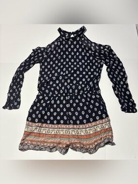 Chloe & Katie Cold Shoulder Boho Romper Navy Floral Border Print Size M